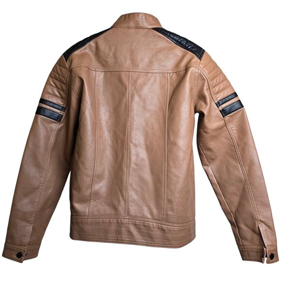 Distortion Motorcycle Jacket Brown Faux Leather Biker Coat Men's M - Picture 2 of 7